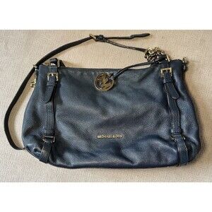 Michael Kors Bedford Blue Large Shoulder Belted Satchel Leather Handbag Retired